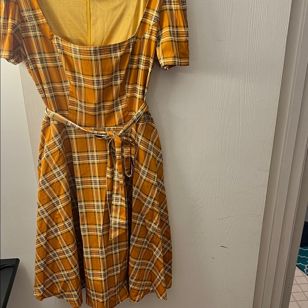 OBBUE vintage yellow plaid square neck dress